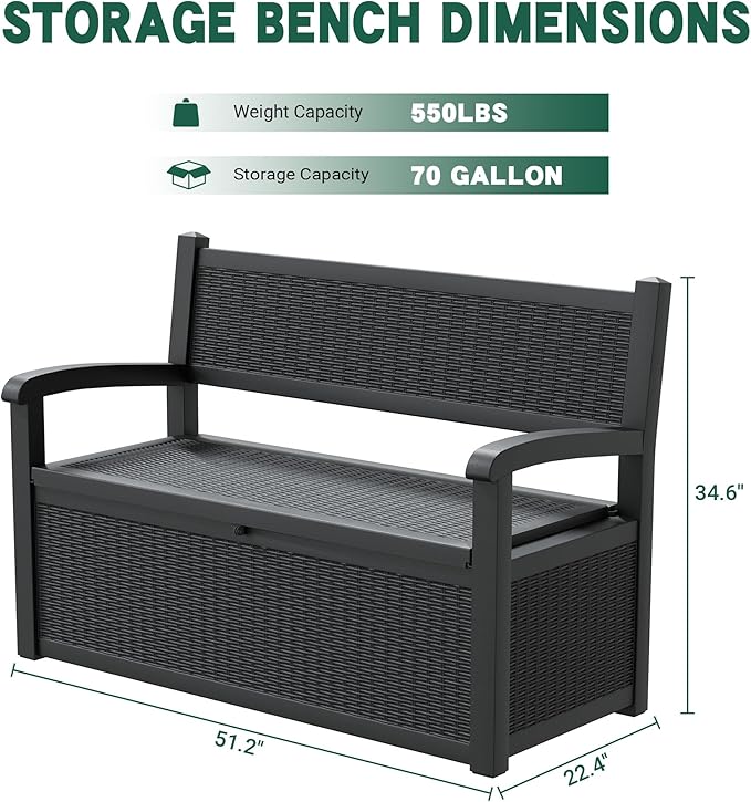 70 Gallon Outdoor Storage Box, Resin Patio Furniture with Armrest, Lockable Deck Box with Waterproof and UV Resistant for Patio Cushions, Garden Tools and Pool Supplies, Black-CasaMuseHome
