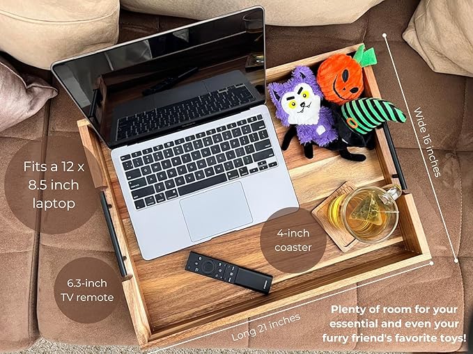 Acacia Wooden Ottoman Tray for Living Room – 21" Large Coffee Table Serving Tray with Handles & 6 Coasters Set, Perfect for Food, Drinks, Kitchen, and Home Decor-CasaMuseHome