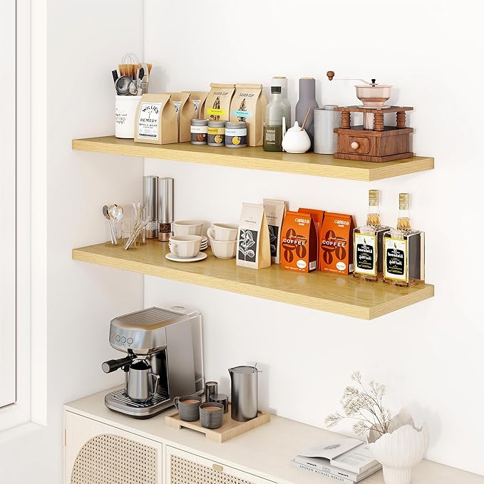 48" Floating Shelves for Wall, 12" Deep Slim Oak Floating Shelves, Wall-Mounted Shelves for Bedroom, Living Room, Kitchen, Bathroom - Set of 2-CasaMuseHome