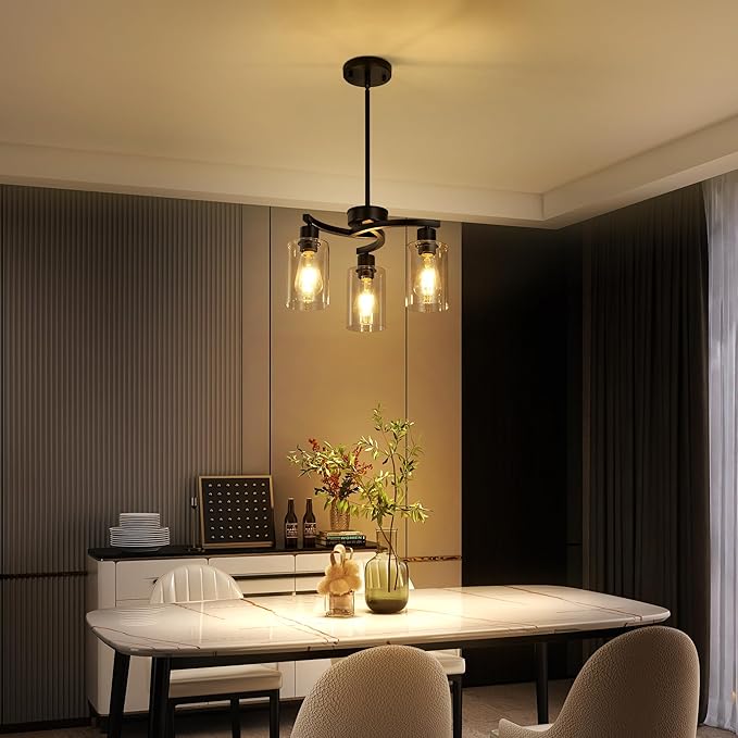 3-Light Modern Farmhouse Black Pendant Lights Kitchen Island, Adjustable Height Contemporary Chandeliers for Dining Room Light Fixture Hanging, Clear Glass Shade-CasaMuseHome
