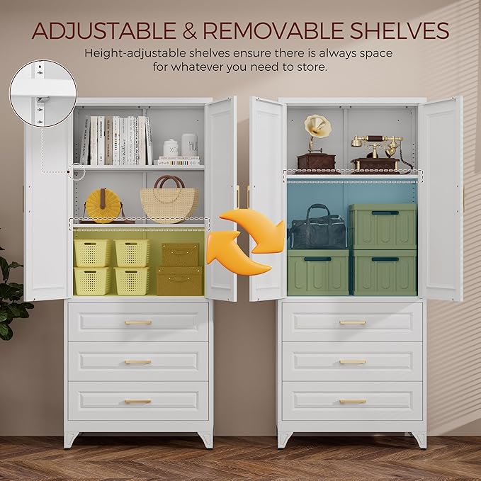 75" Kitchen Pantry Cabinet, Metal Storage Cabinets with Doors and Adjustable Shelves, White Tall Pantry Cabinet with 3 Drawers for Dinning Living Room-CasaMuseHome