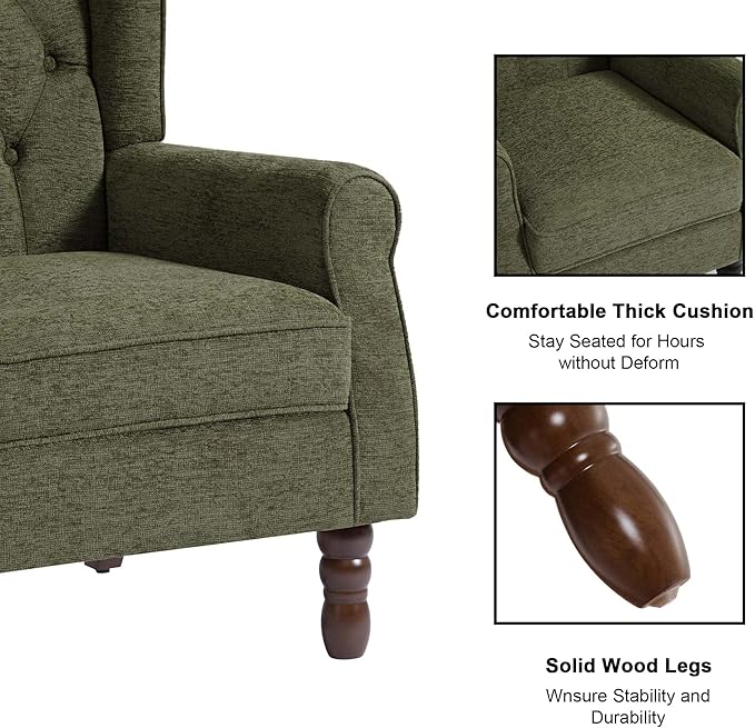 Accent Chair, Upholstered Armchair with Button Tufted High Back & Solid Wood Legs, Comfy Wingback Reading Single Sofa Chair for Small Spaces, Living Room, Bedroom (Green, Set of 1)-CasaMuseHome