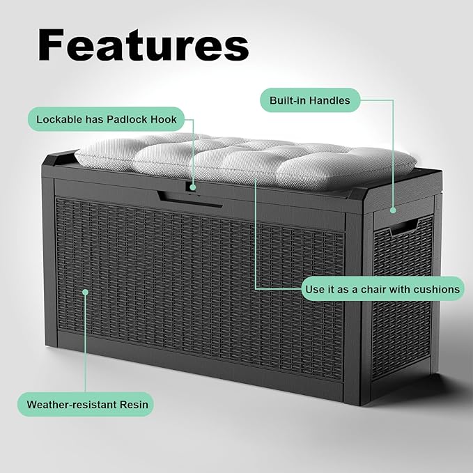60 Gallon Deck Box Large Outdoor Storage for Patio Furniture,Outdoor Cushions,Garden Tools and Pool Supplies,Waterproof,Resin,Lockable(Black)-CasaMuseHome