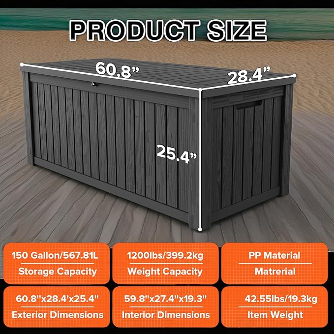 152 Gallon Deck Box Waterproof, UV Resistant Resin Outdoor Storage Box with Hydraulic Rod, Lockable Design and Enhanced Durability for Patio, Garden, and Poolside Use-CasaMuseHome