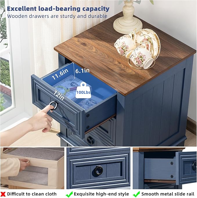 18" Farmhouse Night Stand with 3 Drawers, Wood End Table Dresser for Bedroom, Navy Blue Nightstand, Bed Side Table with Metal Handle, Bedside Cabinet for Bedroom Living Room, Closet-CasaMuseHome