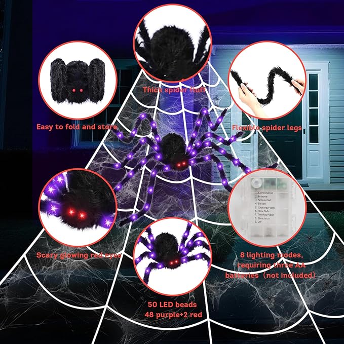 16.4 X 15.8Ft Giant Spider Web Halloween Decorations with 250 LED Lights, Halloween Spider Web Outdoor with 5Ft Large Spider, 3.53 Oz Stretch Web and 20 Small Spiders for Yard House Party Decoration-CasaMuseHome