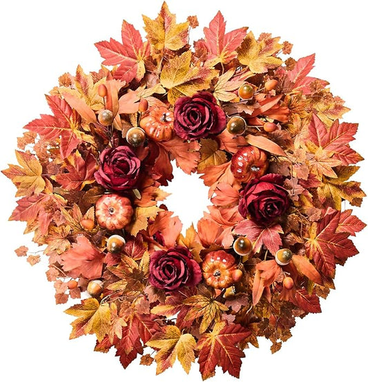 26'' Large Fall Wreath for Front Door, Autumn Wreaths for Outdoor Home Decor - Farmhouse Wreath with Maple Leaves, Pumpkins, Roses, Thanksgiving Decoration, Rustic Harvest Festival Door Hanging-CasaMuseHome