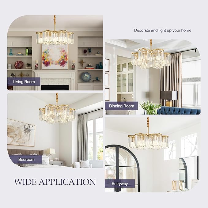 24.4“ Gold Semi Flush Mount Ceiling Light Fixtures, 6-Light Gold Modern Crystal Chandelier Height Adjustable Pendant Lighting for Bedroom Entryway Hallway Kitchen Island Living Room Foyer-CasaMuseHome