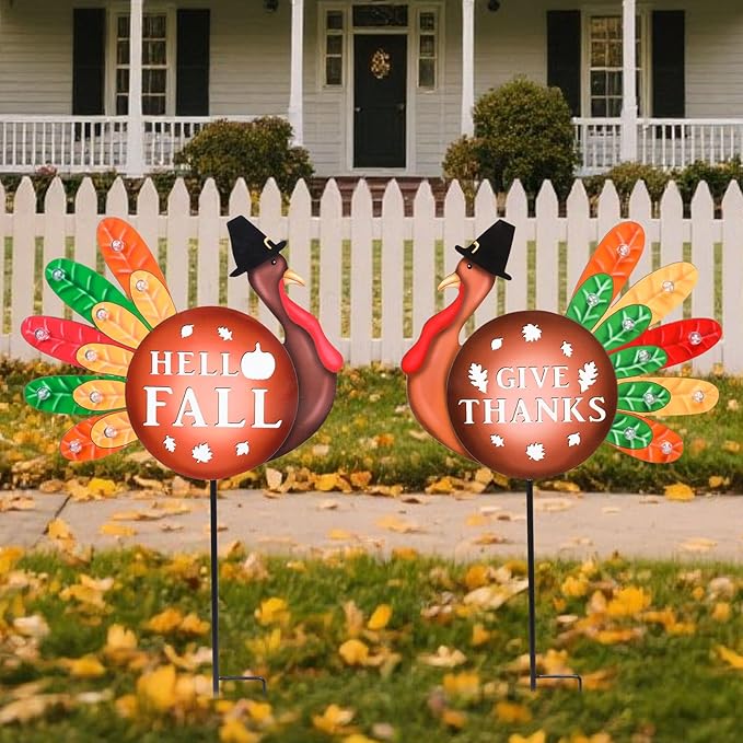 2 PCS Happy Fall Yard Signs Metal Thanksgiving Decorative Garden Stakes with Led Light Turkey Give Thanks Yard Stakes Fall Harvest Lawn Garden Lawn Pathway Decor-CasaMuseHome