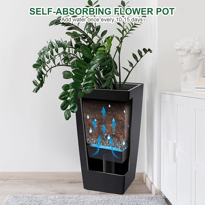 30" Tall Planters Set of 2, Outdoor＆Indoor Black Planter Pots, High Front Porch Planter Pots with Drainage Holes＆Water Level Monitor Movable Wheels ＆Inner Bucket, Automatic Watering,Black-CasaMuseHome