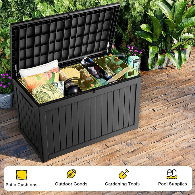 230 Gallon Outdoor Deck Box,Storage Lockable Waterproof Patio Furniture,Garden Tools,Cushions,Pool Accessories Outside Storage Resin Box(Black)-CasaMuseHome