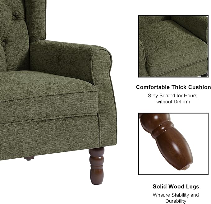 Accent Chair, Upholstered Armchair with Button Tufted High Back & Solid Wood Legs, Comfy Wingback Reading Single Sofa Chair for Small Spaces, Living Room, Bedroom (Green, Set of 2)-CasaMuseHome