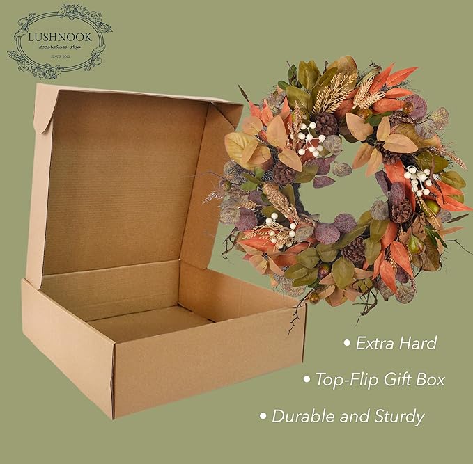 24" Fall Wreath for Front Door Handmade with Artificial Autumn Leaves, Natural Pinecones, Faux Berries and Wheat, Autumn Harvest Wreath Decoration for Home Farmhouse Door Wall Window Porch-CasaMuseHome