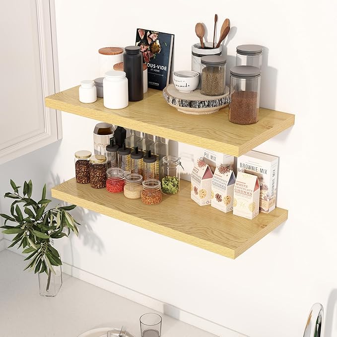 30" Floating Shelves for Wall, 12" Deep Slim Oak Floating Shelves, Wall-Mounted Shelves for Bedroom, Living Room, Kitchen, Bathroom - Set of 2-CasaMuseHome