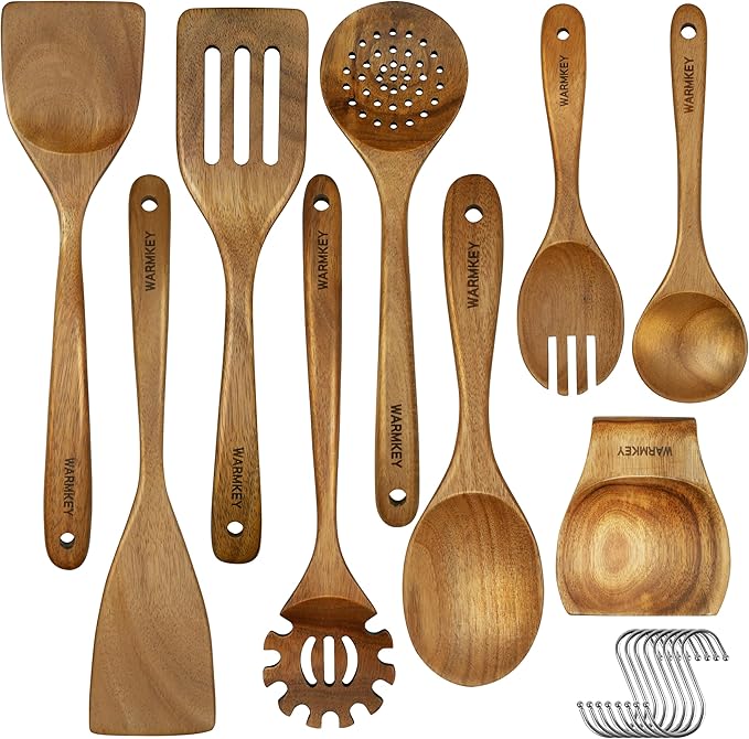 Acacia Wood Kitchen Utensil Set 9PC-Natural Wooden Cooking Tools for Nonstick Pans&Stir Frying,Scratch-Proof&Heat Resistant,Sturdy&Lightweight with Spoon Rest (Kitchen Utensil Set 9PC)-CasaMuseHome
