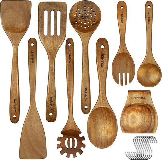 Acacia Wood Kitchen Utensil Set 9PC-Natural Wooden Cooking Tools for Nonstick Pans&Stir Frying,Scratch-Proof&Heat Resistant,Sturdy&Lightweight with Spoon Rest (Kitchen Utensil Set 9PC)-CasaMuseHome