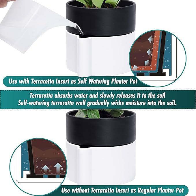 8 Inch Self-Watering Planter Pot with Terracotta Insert, Deep Water Reservoir, and Ceramic-Alike BPA-Free Plastic Planter Pot for Plant, Modern Planter for Houseplants, White/Black, 53-B-T-4-CasaMuseHome
