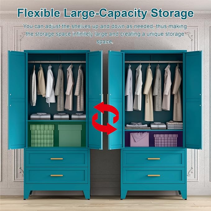 71'' Farmhouse Metal Wardrobe Cabinet with Hanging Rod, 2 Barn Door Wardrobe Closet with Adjustable Shelves,2 Drawer,for Dining Room,Bedroom,Living Room, Cloak Room,Office (Peacock Blue)-CasaMuseHome