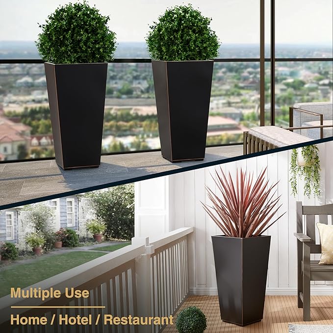 26 Inch Planter Tall Tapered Planter for Front Porch, Patio, Deck, Garden Indoor/Outdoor Tree Planters, Set of 4, Black with Copper Hand Brushed Rim-CasaMuseHome