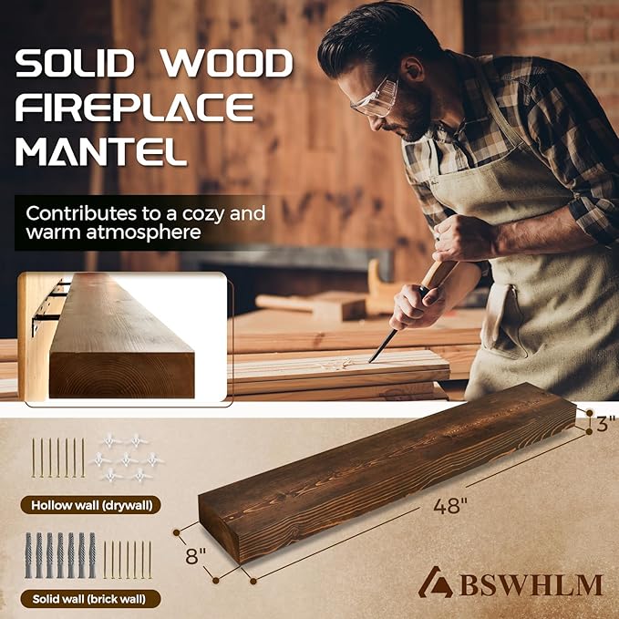 48x8x3 Fireplace Mantel - Solid Rustic Wood - Wall Mounted Floating Shelf with Invisible Heavy Duty Steel Bracket (Weathered Brown)-CasaMuseHome