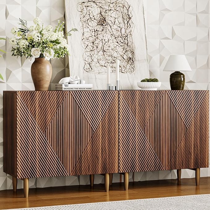 65 Inch Fluted TV Stand, Mid Century Modern Entertainment Center with Storage Cabinets & Adjustable Shelves, Media Console TV Credenza for Living Room, Dining Room, Hallway, Walnut-CasaMuseHome