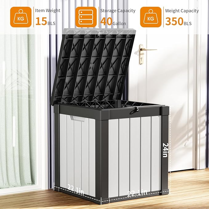 40 Gallon Resin Deck Box, Lockable Patio Outdoor Storage Box for Furniture, Garden Tools and Tools Storage, Waterproof Outside Storage Boxes - Black&White-CasaMuseHome