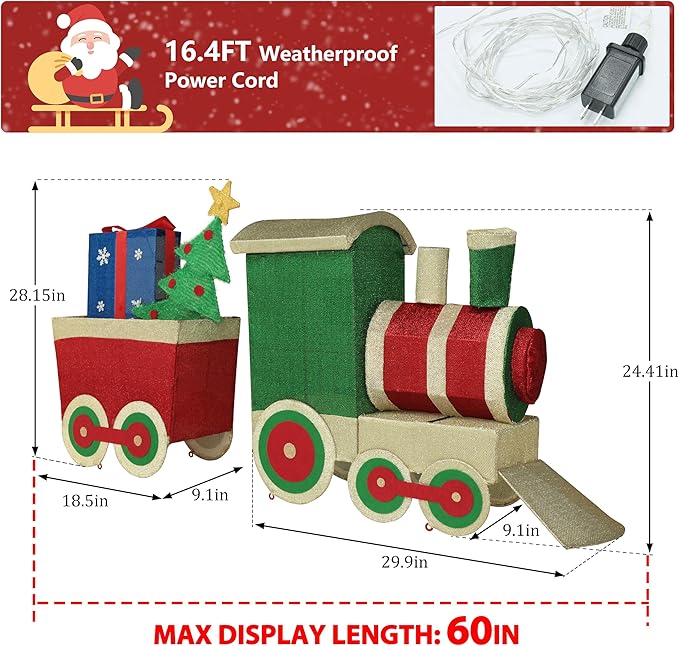 5FT Light-Up Christmas Train Decor with 170 LED Lights, 3D Pre-Lit Train Set with Gift Box and Christmas Tree for Xmas Decoration, Freestanding Glittered Holiday Display for Outdoor, Indoor-CasaMuseHome