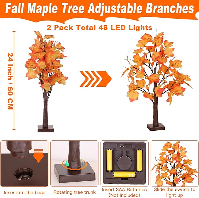 2 Pack 24 Inch Prelit Fall Maple Tree Fall Decor with 48 LED Timer Battery Operated Artificial Fall Light Up Tree Pumpkin Maple Acorn for Fall Thanksgiving Decorations Table Home Indoor Autumn Harvest-CasaMuseHome