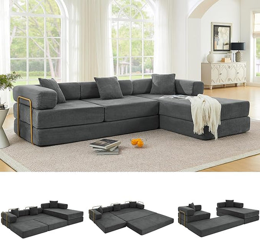 108" Oversized Convertible Sleeper Sofa Bed, Corduroy L Shape Sectional Couch, Folding Sofa Bed with Side Pocket, Modern Cloud Floor Mattress Couch, Modular Sofa for Living Room, Grey-CasaMuseHome