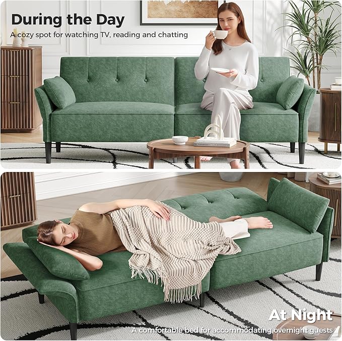 89” Futon Sofa Bed, Comfy Futon Couch Bed with 2 Square Pillows, Convertible Sleeper Sofa with Adjustable Backrest& Armrests, Modern Loveseat Sleeper for Living Room, Bedroom,Light Green-CasaMuseHome