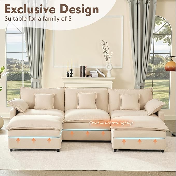 108" U Shaped Couch, Modular Sectional Sofa, 3-Seater Comfy Cloud Couch with Movable Ottoman, Deep Seat Couches for Living Room, Linen, Beige-CasaMuseHome