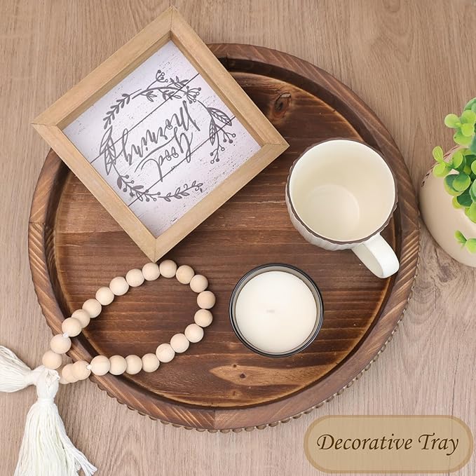 Round Burnt Wood Serving Tray with Beads, Wooden Decorative Tray for Entertaining, Decoration, and Gifting,-CasaMuseHome
