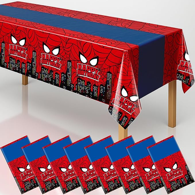8Pcs 2in1 Spider Birthday Decorations Tablecloths, 54" x 108" Super Hero Spider Table Cloth Disposable Rectangle Plastic Table Cover for Boys Birthday Party Supplies-CasaMuseHome