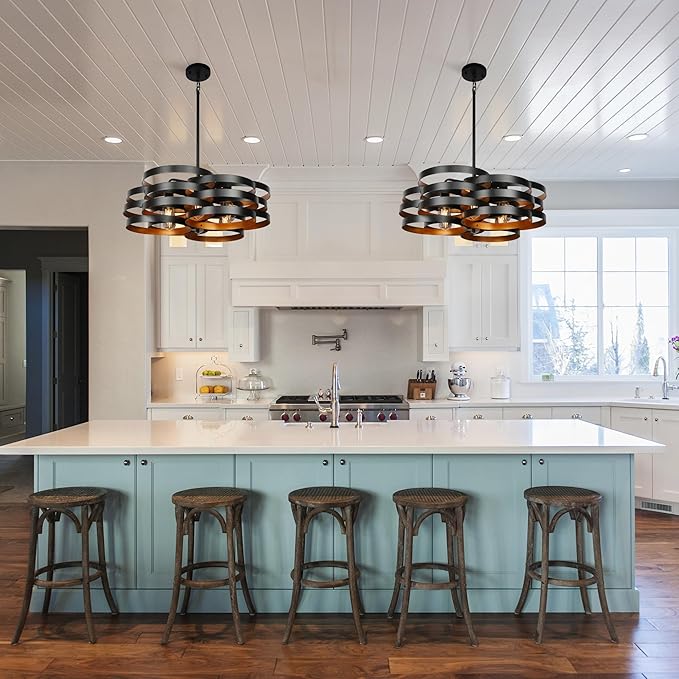 6-Light Modern Farmhouse Chandeliers for Dining Room, Rustic Multiple Rings Pendant Lighting, Industrial Metal Round Chandelier for Kitchen Entryway, Black with Gold Interior-CasaMuseHome