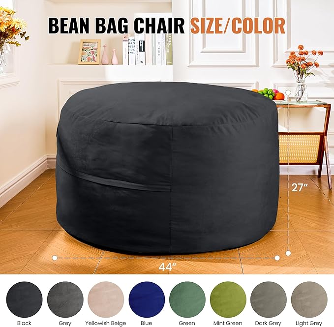 4FT Bean Bag Chair: Bean Bag with Velvet Cover, Fluffy and Comfy Bean Bag Chairs for Adults and Kids, Bean Bag Sofa Filled with High-Density Sponge for Gaming (Black)-CasaMuseHome