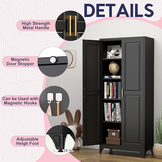 75" Storage Cabinet, Metal Pantry Cabinet, Kitchen Pantry Storage Cabinets with Doors and 4 Shelves, Cabinets for Laundry Room, Living Room, Dinning Room, Assembly Required, Black-CasaMuseHome