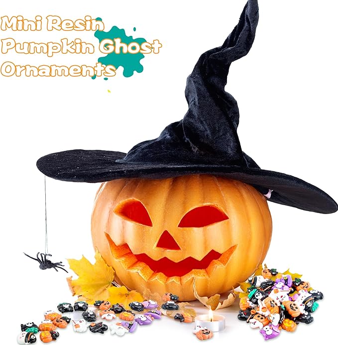 65 Pcs Mini Halloween Figurines Bulk Miniatures Resin Pumpkin Ghost Candy Hat Halloween Garden DIY Accessories for Halloween Decoration Goodie Bags Stuffers, 10 Styles-CasaMuseHome