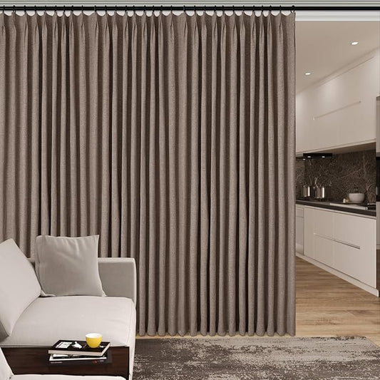 150 Inches Extra Wide Room Divider Draperies, Pinch Pleat Drapes, Absolutely Blackout Sliding Door Drapery, Total Privacy Ceiling Track Curtains, 150" W by 84" L, Light Brown (1 Panel)-CasaMuseHome