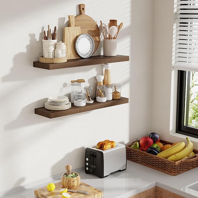 30 Inch Floating Shelves, 8 Inch Deep Floating Shelves for Wall, Hanging Shelf with Invisible Brackets, Deep Shelves for Bathroom, Bedroom, Living Room, Walnut, Set of 2-CasaMuseHome