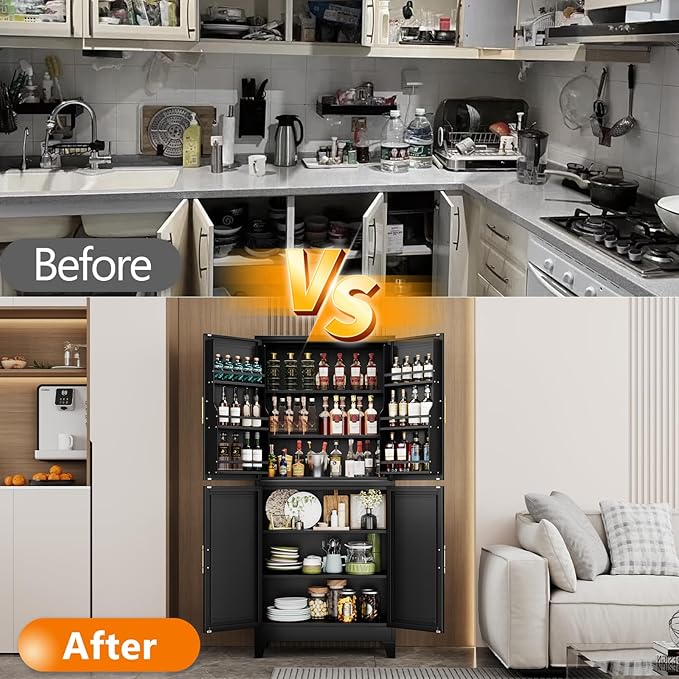 74.8" Tall Metal Food Cabinet, Black Kitchen Pantry Cabinet, Storage Cabinets with 4 Door and 4 Adjustable Shelves, Steel Freestanding Cupboard for Kitchen Dining Room Living Room Bathroom-CasaMuseHome