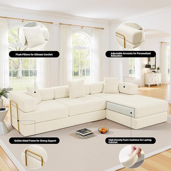 108" Oversized Convertible Sleeper Sofa Bed, Corduroy L Shape Sectional Couch, Folding Sofa Bed with Side Pocket, Modern Cloud Floor Mattress Couch, Modular Sofa for Living Room, Beige-CasaMuseHome
