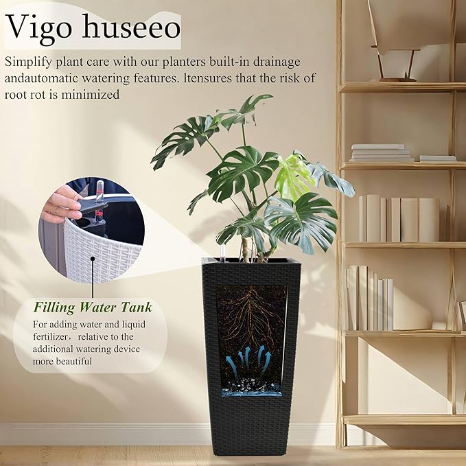 30in Tall Large Plant Pots Planter-Self-Watering Indoor/Outdoor Planting with Drain Holes, Water Level Monitor, Inner Bucket for Front Porch Patio, Black Large-CasaMuseHome
