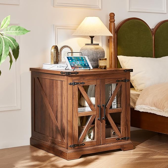 24" End Table Set of 2 with Charging Station, Farmhouse Night Stand with Glass Barn Door, Nightstands with Adjustable Storage Shelf, Large Wood Square Bed Side Table for Living Room,Bedroom-CasaMuseHome