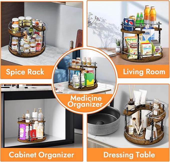 2-Tier Lazy Susan Organizer Turntable Spice Organization U-Shape 11.8" Rotating Spice Rack Height Adjustable for Cabinet, Pantry, Kitchen Countertop, Party-CasaMuseHome