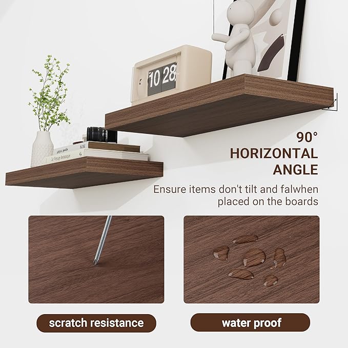 16 Inch Floating Shelves, 16"x9.25"x1.5" Inch Deep Floating Shelves for Wall, Wooden Shelves for Bathroom, Bedroom, Living Room, Walnut-CasaMuseHome