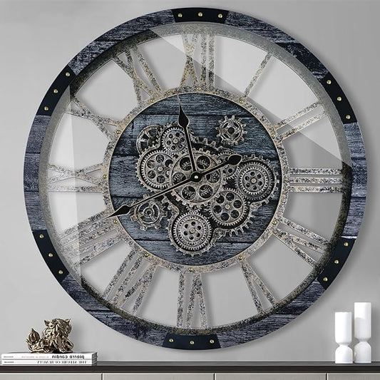 27 Inch Moving Gear Wall Clock, Oversized Wall Clocks, Clock Living Room Decor, Solid Wood Frame, Battery Operated, Large Wall Clock with Steampunk Industrial for Fireplace(Gray)-CasaMuseHome