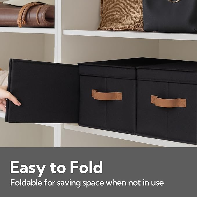 StorageWorks Large Storage Bins with Lids, Decorative Storage Boxes with Lid and PU Handles, Foldable Storage Baskets for Closet, Shelves, Stackable, Black, 3-Pack-CasaMuseHome