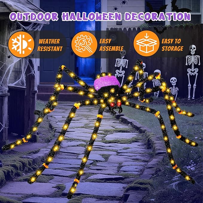 5.5FT Giant Spider Halloween Decorations with 100 LED, Plug-in Pre-Lit Light Up Scary Spider Halloween Decorations, Large Spider Decorations for Outdoor, Yard, Lawn, Exterior Walls-CasaMuseHome