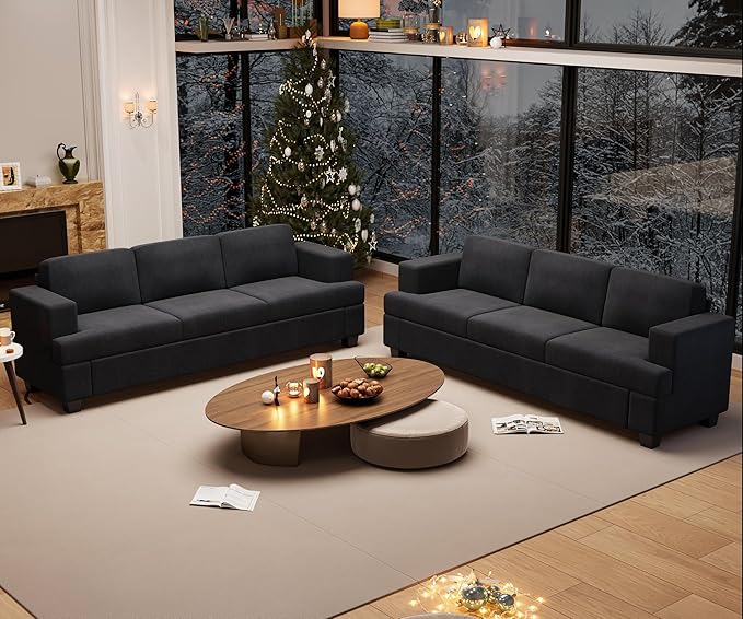 2 Piece Set Comfy Sofa Couch, 2 3-Seater Sofa with Deep Seats, Modern Sleeper Couch for Living Room, Black Corduroy-CasaMuseHome