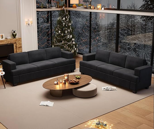 2 Piece Set Comfy Sofa Couch, 2 3-Seater Sofa with Deep Seats, Modern Sleeper Couch for Living Room, Black Corduroy-CasaMuseHome